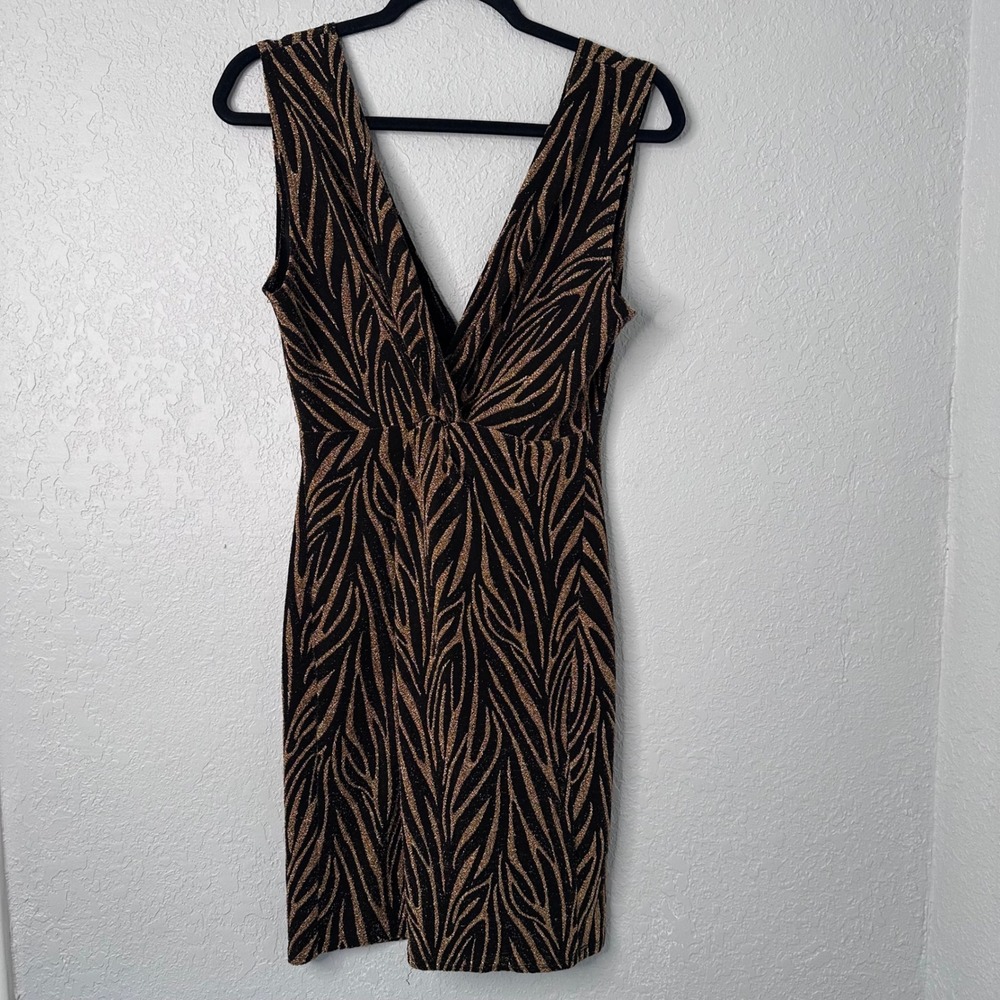 Koko + Mason Los Angeles Womens Gold Metallic Zebra Print V-Neck Sheath Dress M